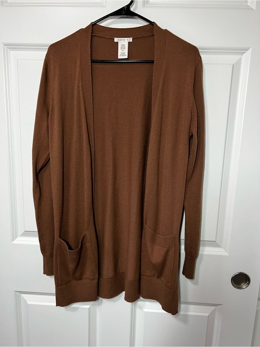 Matty M Long Open-Front Brown Cardigan Sweater Pockets Womens Medium
